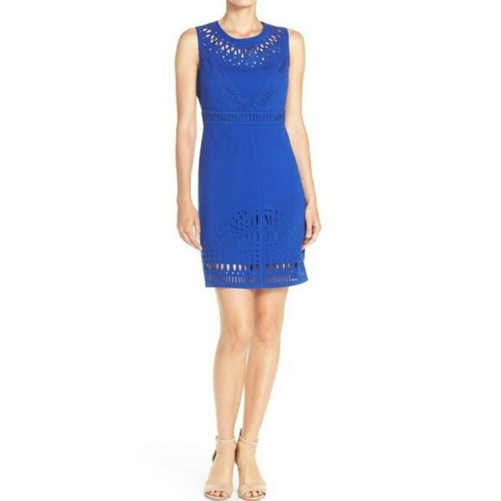 Eliza J Laser Cut Crepe Sleeveless Sheath Dress Royal Blue NWT Petites 6P